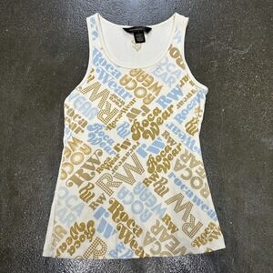 Rocawear Tank Top Womens Small White Gold Blue Allover Logo Graphic Glitter Y2K